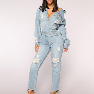 Custom mujeres Romper con cuello botón hasta bolsillos manga larga de alta cintura azul <span class=keywords><strong>denim</strong></span> jumpsuit - Product Image 6