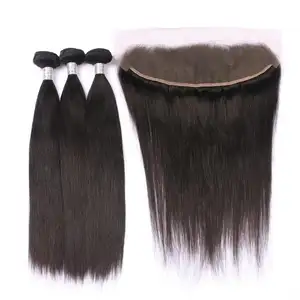 Free sample peruvian virgin weave 10a human straight hair bundles deals with 13x4 ear to ear lace frontal