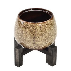 Jarrones y macetas de cerámica personalizados para decoración del hogar, base de bambú decorativa de escritorio <span class=keywords><strong>con</strong></span> maceta de cerámica blanca - Product Image 1