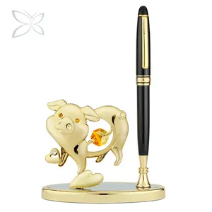 Crystocraft Luxury 12 Chinese Horoscope Zodiac Fengshui 24k Gold Plated Pig Figurine with Brilliant Cut Crystals Desk Pen Stand