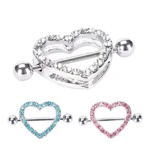 Heart Shape Nipple Shield แหวนเหล็ก Barbell Body Piercing อัญมณีคริสตัลบาร์