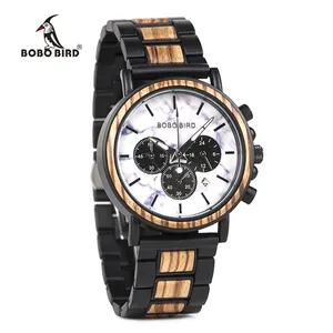 2021 Combination Wood Metal Design Wooden Watch Men Stopwatch Wristwatch Marble Dial Watches for man