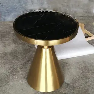Modern Putaran Meja Kopi Putih Marmer Atas Brushed Gold Stainless Steel Berdiri Meja