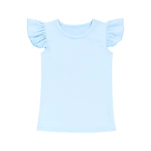 뜨거운 솔리드 블루 스카이 컬러 플러터 슬리브 셔츠 봄과 여름 아기 소녀 면화 셔츠 옷 저렴한 도매 어린이 셔츠