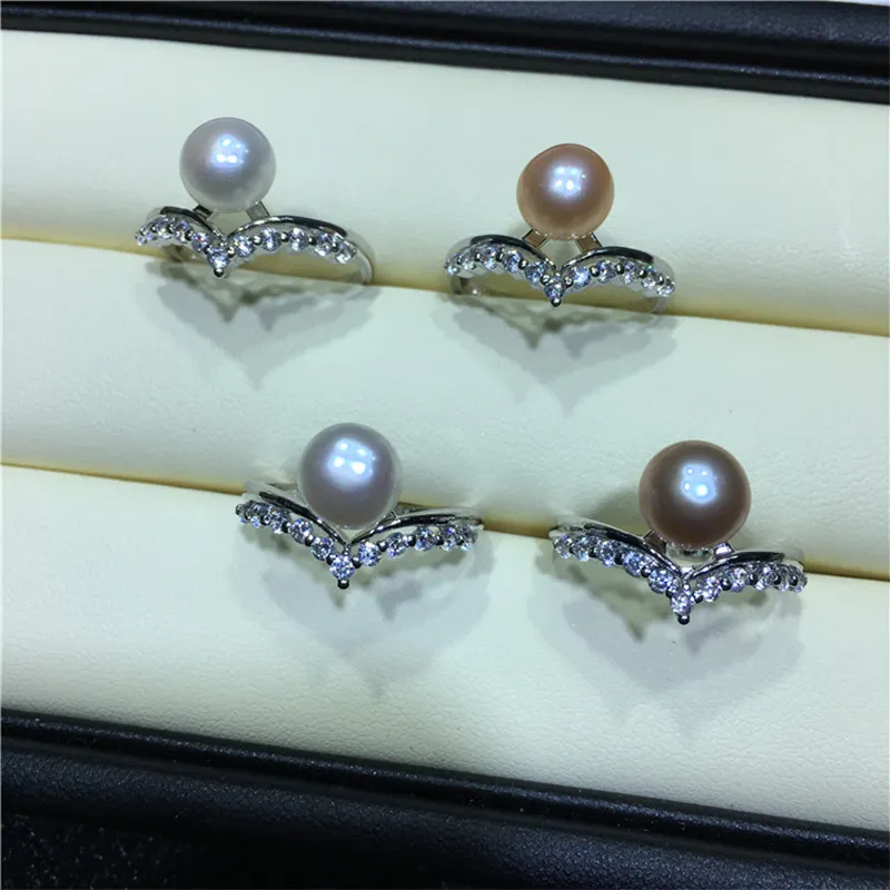 Anillos de perlas de agua dulce, joyería de alta calidad, chapado en oro blanco, Natural, 7-9mm, venta al por mayor