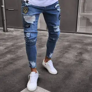 Desain Terbaru 2019 Jeans Kurus Super Ekstrim Di Tengah Mencuci Robek dan Celana Jeans Denim Pria Bordir