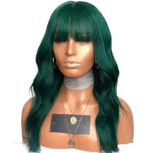 Green Color Water Wave Peruvian Hair Lace Front Human Hair Wig Bleached Knots with Bangs