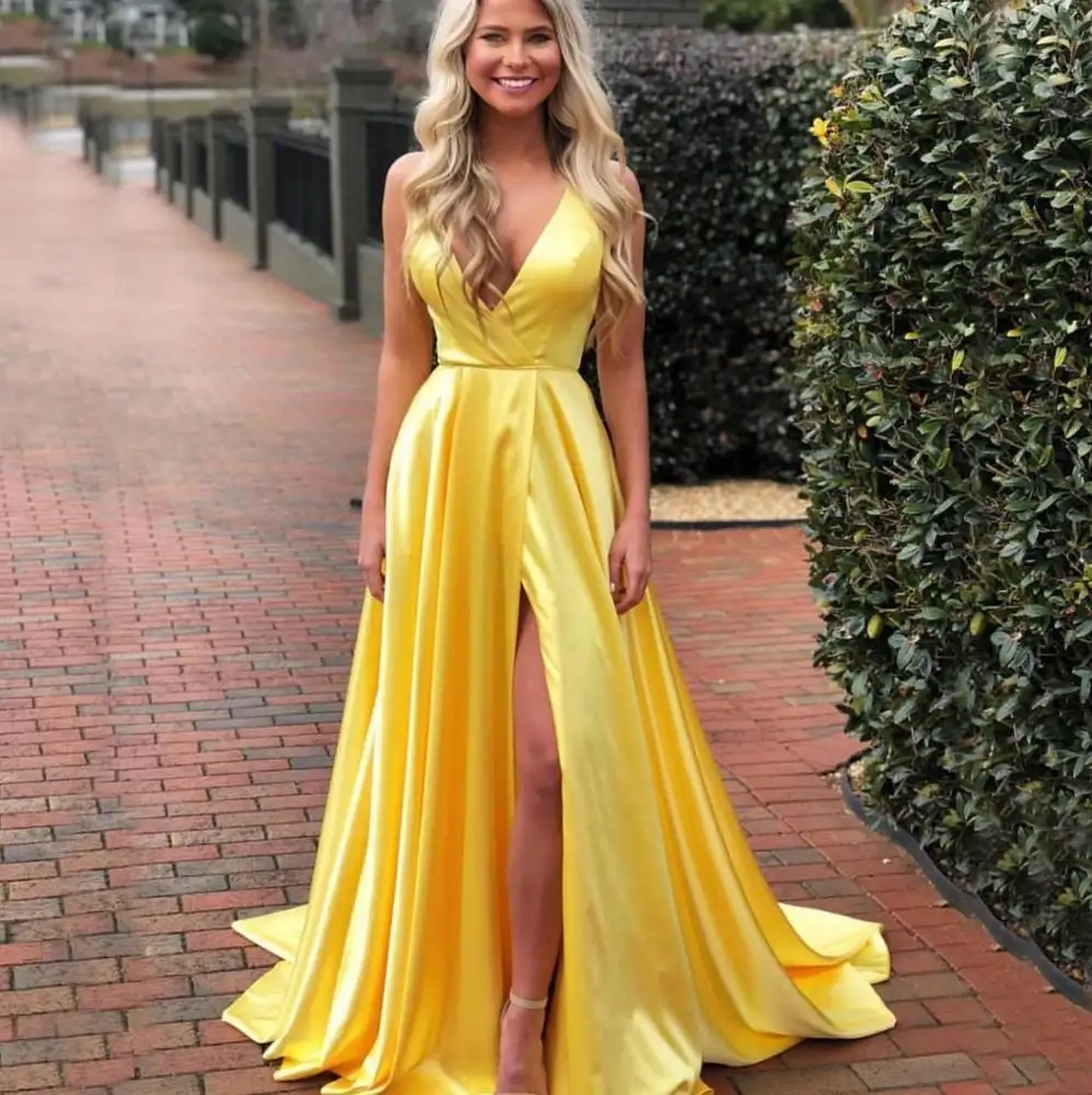 Sexy A-Line China Made To Measure Yellow Maxi Long Prom Dresses