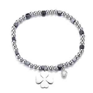 Women Simple Stainless Steel Trendy Bracelet Silver Clover Leaf Crystal Pendant Elastic Charms Bracelet