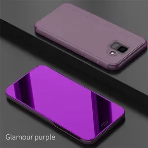 Smart Plating Leather Mirror Cover Clear View Flip Phone Case For Samsung Galaxy A6 A6+ J4 J6 2018