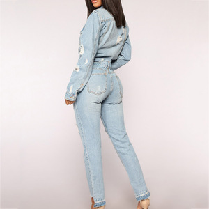 Custom mujeres Romper con cuello botón hasta bolsillos manga larga de alta cintura azul <span class=keywords><strong>denim</strong></span> jumpsuit - Product Image 2