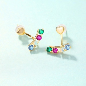 925 Sterling Silver Gold Vermeil Opal rainbow CZ Heart <strong>Front</strong> <strong>Back</strong> Ear Jackets <strong>Earrings</strong> - Product Image 2