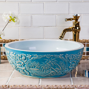 Lavabo de salle de bain sur pied en céramique européenne bon marché lavabos ronds faits à la main avec des conceptions d'art à la main lavabo pour salle de bain