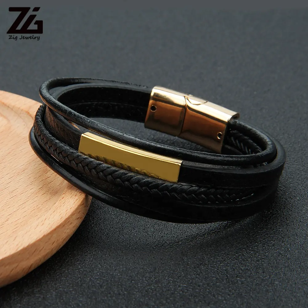 Male Magnetic Clasp Hand Made Genuine Leather Bracelet Men
