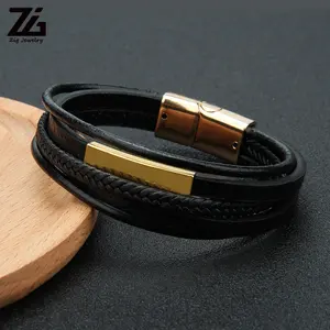 Fecho magnético masculino de couro genuíno, feito à mão, pulseira de couro genuíno