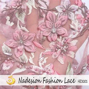 60 ヤード 3d 韓国の花のビーズレース刺繍真珠生地ピンク