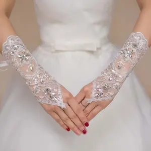 Guante de novia blanco para mujer, manoplas de manga de vestido de boda, sin dedos, cortas, nupciales, con encaje