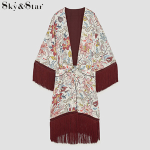 2018 de moda de <span class=keywords><strong>manga</strong></span> larga borla larga floral <span class=keywords><strong>kimono</strong></span> chaqueta - Product Image 5