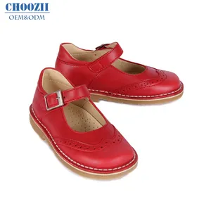 Zapatos de piel auténtica para niñas, calzado Original de fiesta con correa de hebilla en el tobillo, color rojo, 2019