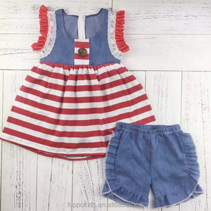2018 rouge blanc rayé denim Juillet 4th filles tenues - Product Image 1