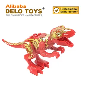塑料积木侏罗纪恐龙玩具红色霸王龙与儿童金色图案动物砖 (DE226D)