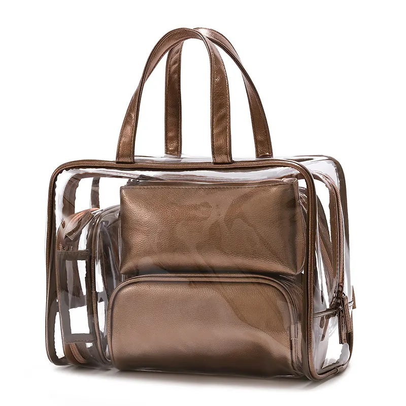 Fabricação profissional Transparente PVC Sacos Cosméticos Viagem Couro Make Up Bag Set sacos cosméticos
