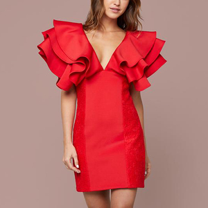 Mini <span class=keywords><strong>Abito</strong></span> da Festa <span class=keywords><strong>Rosso</strong></span> Sexy <span class=keywords><strong>con</strong></span> <span class=keywords><strong>Volant</strong></span> Drammatici per Donna, Vendita Calda - Product Image 2
