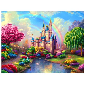 Decoración de pared artística moderna Arco Iris Castillo paisaje taladro completo 5d Diy diamante pintura hecha a mano diamante bordado punto de cruz