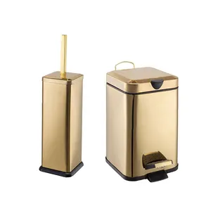 Juegos de baño de metal cuadrado dorado, cubo de basura con pedal de hierro, con soporte para escobilla de baño, juegos de acero inoxidable - Product Image 1