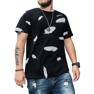 Large size men's clothing plus fat short-sleeved top loose feather print t-shirt summer