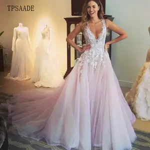 Pink Tulle Pleat Hand Lace Flowers Appliques Sleeveless Modern Wedding Dress V Neck Backless Sweep Train Bridal Gown Newest 2020