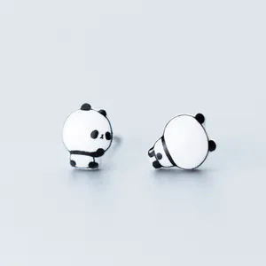 Moda 925 Ayar Gümüş Asimetrik Panda düğme küpe Kadınlar Ve Kızlar Için Hediye Takı