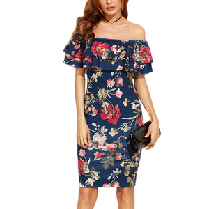 Mode été Vêtements À Manches Courtes Hors Épaule Volants Gaine Femmes Robe Florale - Product Image 1