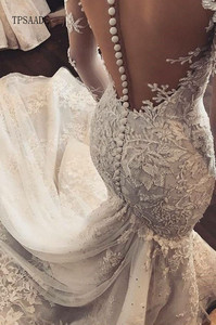 Vintage Sexy nuovo Design a manica lunga con applicazioni in pizzo a sirena abito da sposa con paillettes e perline in Tulle trasparente bottoni posteriori abito da sposa 2025 - Product Image 3