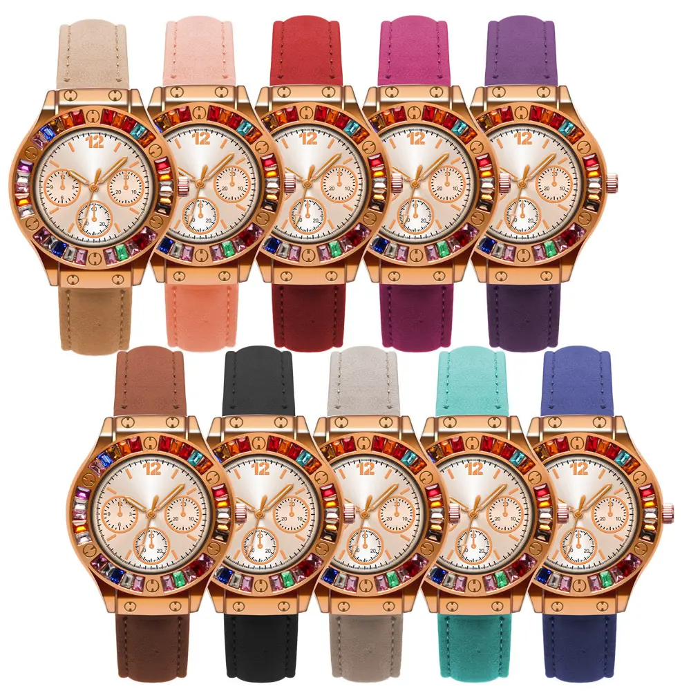 Fashion Women Candy Colors Three Eyes Colorful Crystal Lady Leather Watch Elegance Quartz Wrist Watch (KWT2118)