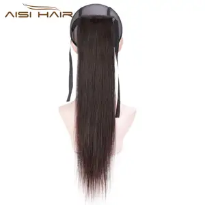 Aisi-extensiones de coleta de cabello humano para mujer, coleta de Color marrón con cinta recta