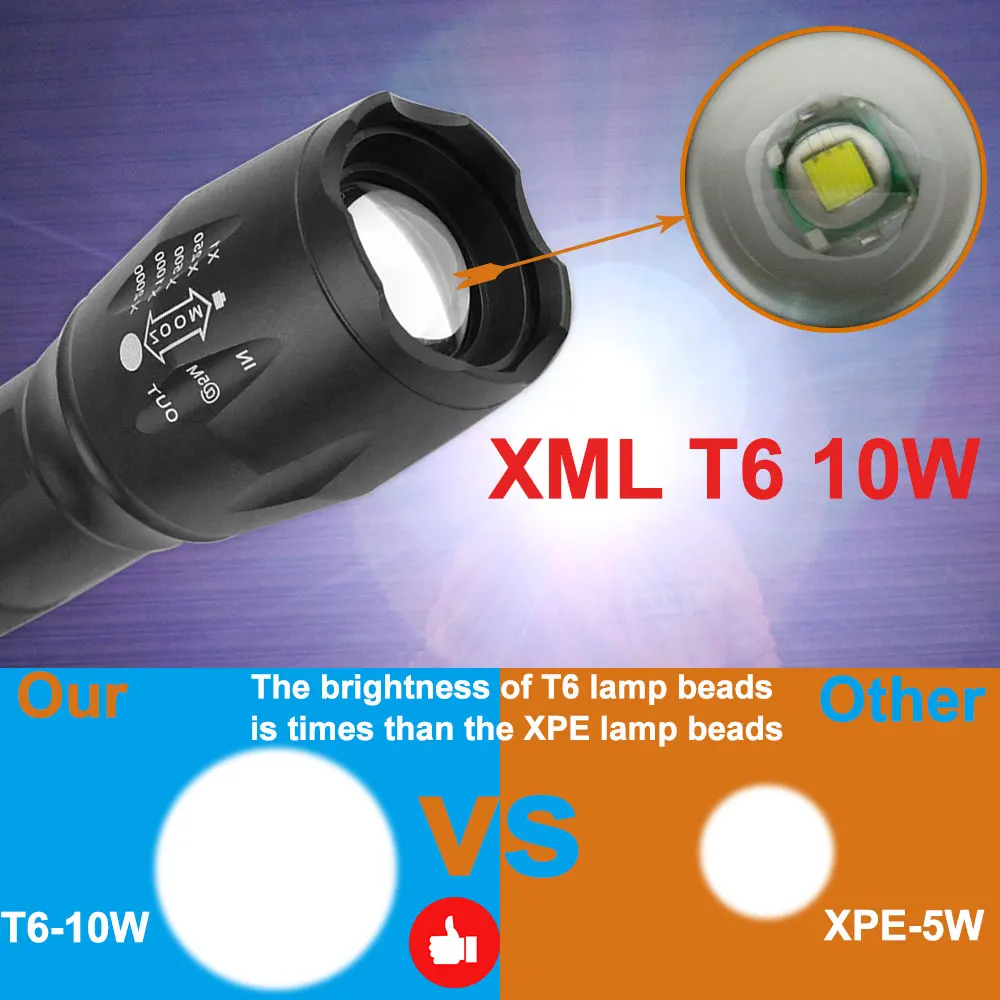 2000 lumen rechargeable tactical t6 led flashlight torch Emergency Torch, Military Grade 5 Modes XML * 3000 Lumens Tactical * Waterproof Handheld Flashlight and night fishing with blue light Tactical Flashlight 2000 Lumens -