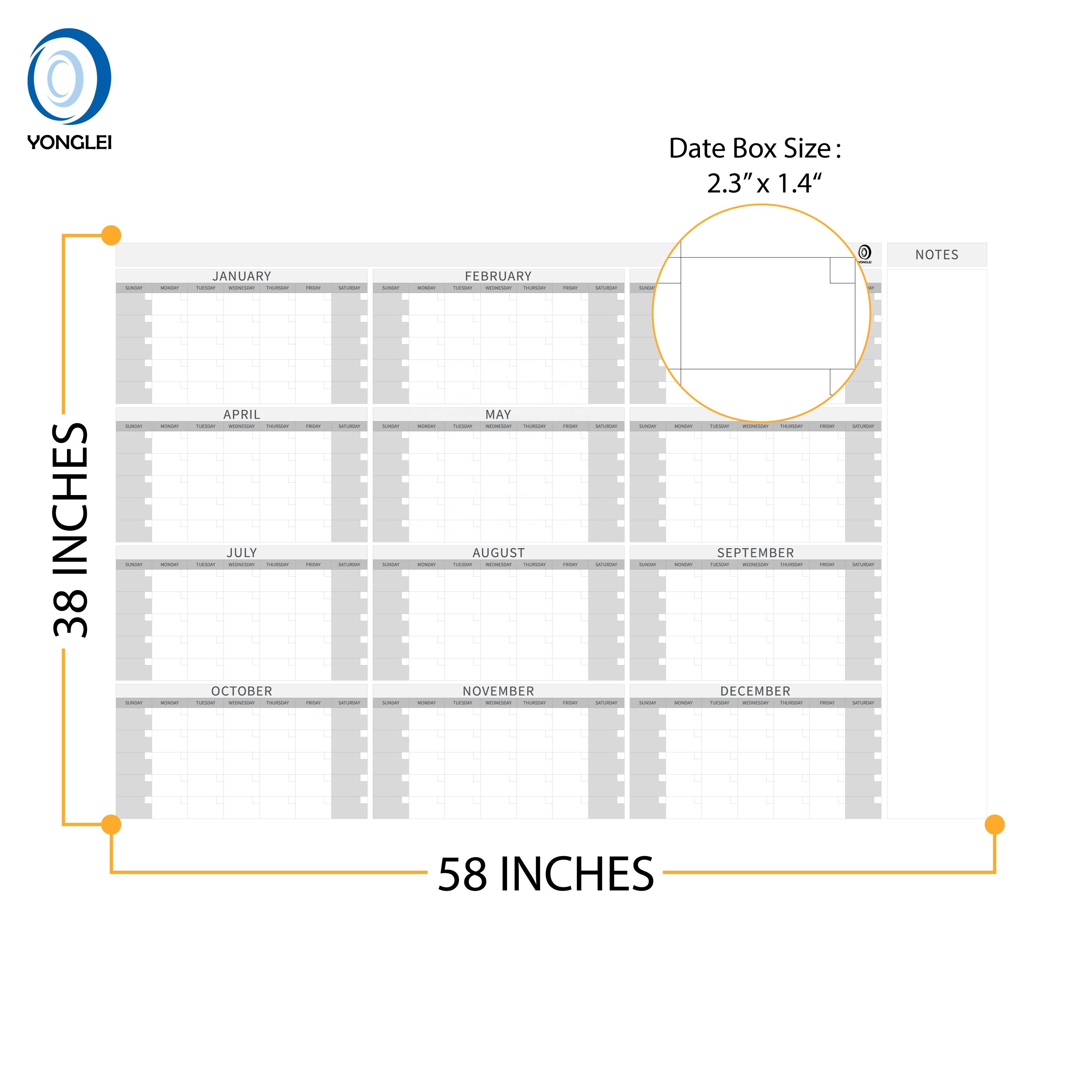 Jumbo Dry Erase Yearly Whteboard Wall Calendar, 55" X 63", Huge 12 Month Lamnated Erasable