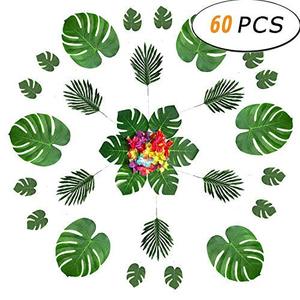 60 PCS Tropical Leaves การจำลองประดิษฐ์ Tropical Palm Monstera ใบพืชผ้าไหมดอกไม้ Hibiscus Hawaiian Luau Party - Product Image 2