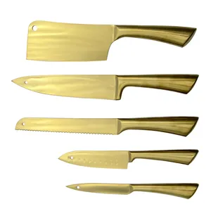 Çin tarzı 5 adet altın kaplama bıçak paslanmaz çelik mutfak bıçağı içi boş saplı Set