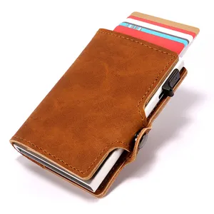 RFID blocking automatic pop up PU leather credit ID business name card holder aluminum metal wallet