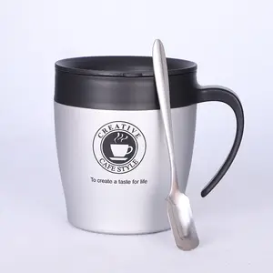 Cangkir Kopi Stainless Steel Dinding Ganda 350Ml, Cangkir Termos Cafe dengan Pegangan dan Sendok Pencampur