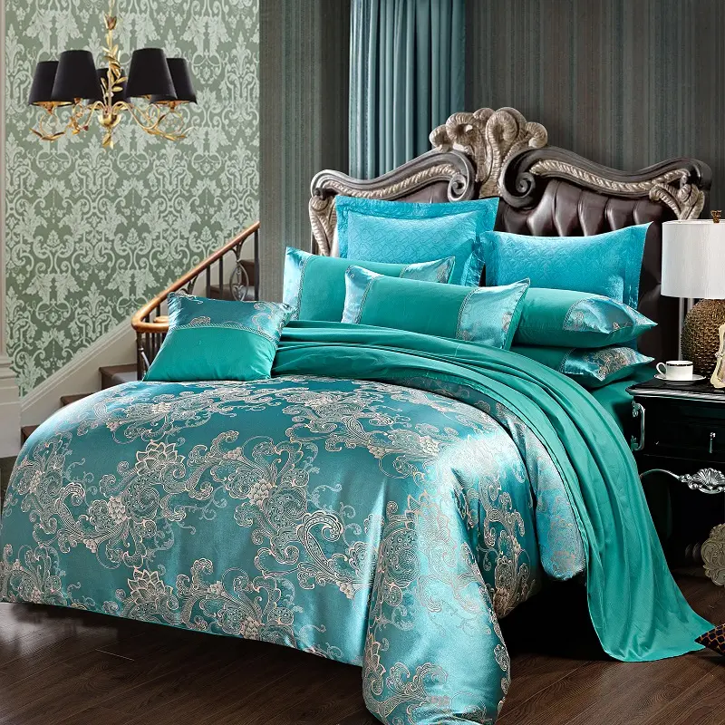 Luxury Bed Sheet Polyester Green Jacquard Bedding Set