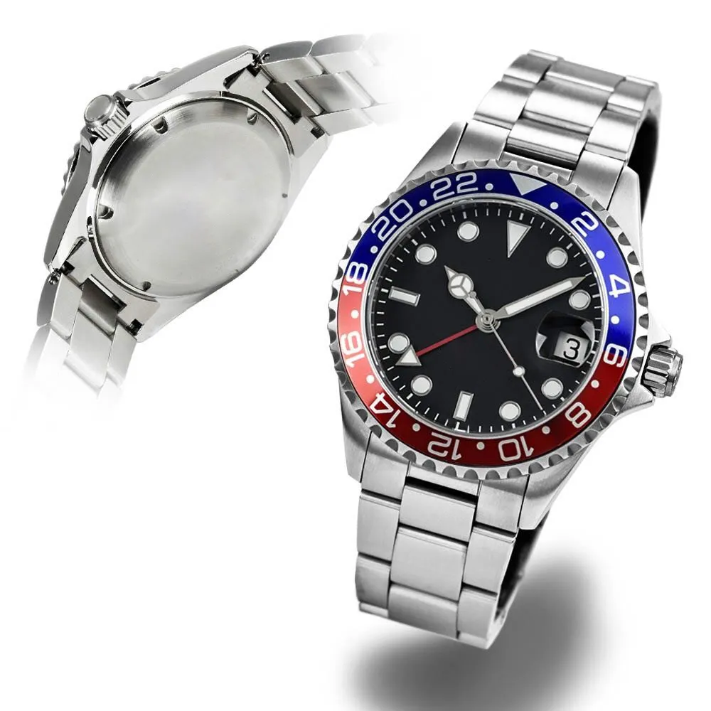 Relógio de mergulhador clássico GMT fuso horário duplo OEM de marca própria cristal de safira cerâmica vidro masculino redondo de aço inoxidável