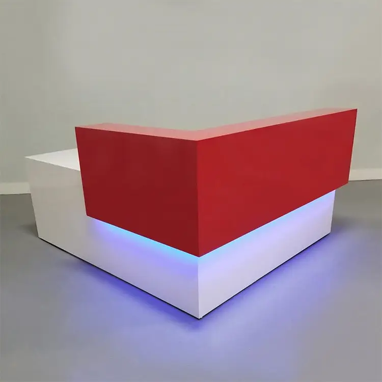 Benutzer definierte L-förmige Shop Einzelhandel geschäft Büro Front Counter Schreibtische weiße Ecke kleine LED-Licht Rezeption