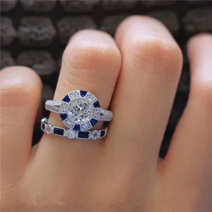 Hoyon 지르콘 반지 두 조각 크리 에이 티브 약혼 반지 다이아몬드 블루 토파즈 스타일