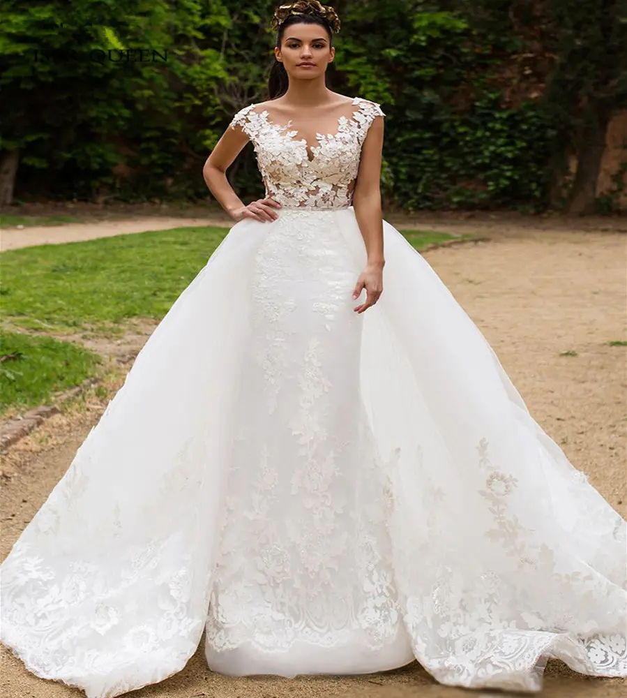 2023 Mermaid Wedding Dress Detachable Train 2 Piece Bridal Dress Back Sheer Neck Bride Gowns bridal gowns Wedding Dresses