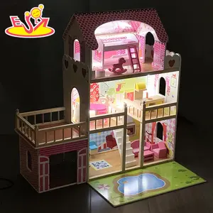 New sale children lighted wooden big doll house with garage and garden W06A333C