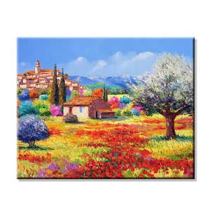 Pintura al óleo de paisaje italiano, lienzo de Arte de pared de pueblo moderno, dibujo de Tuscania