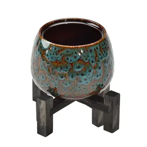 Pot Bunga Biru Dekorasi Perabotan Rumah, Pot Bunga Keramik Penyangga Tanaman Kuat Bambu atau Kayu Buatan Tangan